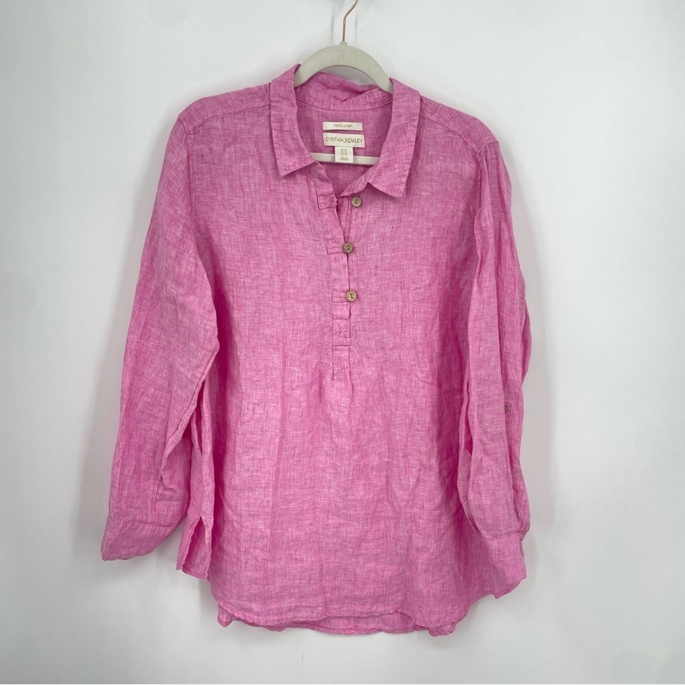 Cynthia Rowley Womens plus size‎ 1x Pink 100% Linen Tunic Style Collared Blouse